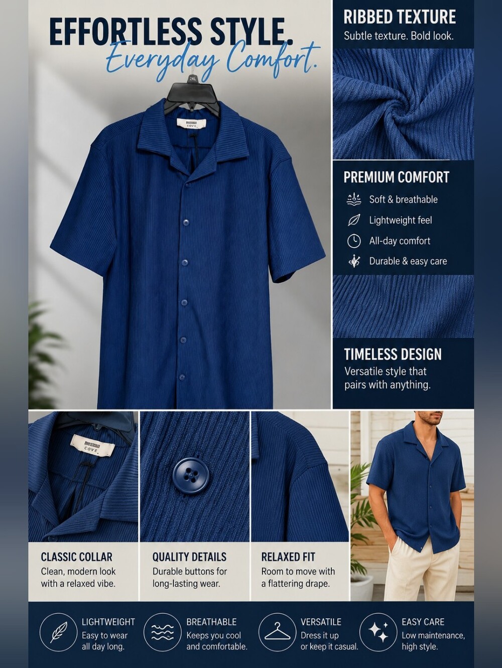 Cove Men's Short-Sleeve Ribbed Button-Down Shirt - Navy Blue